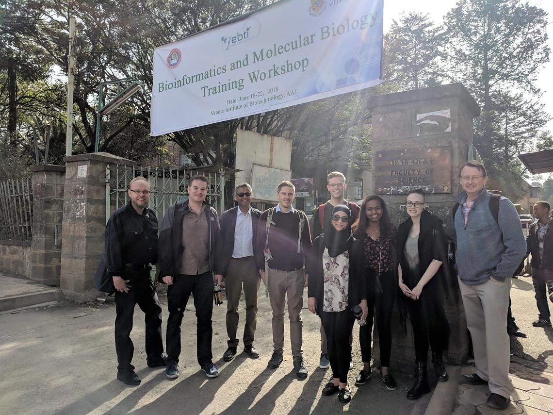 The 2018 One Health Ethiopia team, from left, includes: Guido van Marle, James Wasmuth, Dylan Pillai, James Cheaveau, Stephen Pollo, Alya Heirali, Ruth Legese, Kaylee Rich, and John Gilleard.