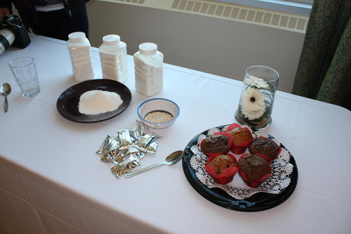 Prebiotic fibre as powder in jars and cooked into muffins.