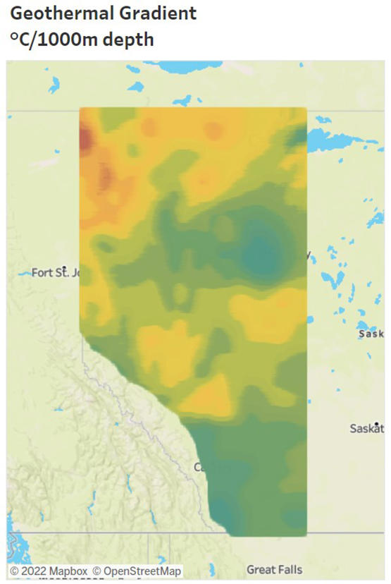 Map shows the rate at which subsurface temperatures change as a function of depth. Yellow, orange and red regions get hotter faster (with subsurface temperatures in the range of 35-50°C at a depth of 1000m) than green and blue regions which have subsurface temperatures in the range of 18-35°C at a depth of 1000m.