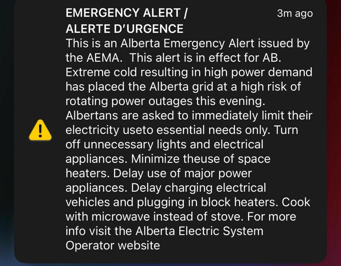 Alberta Government Emergency Alert issued on January 13, 2024, 