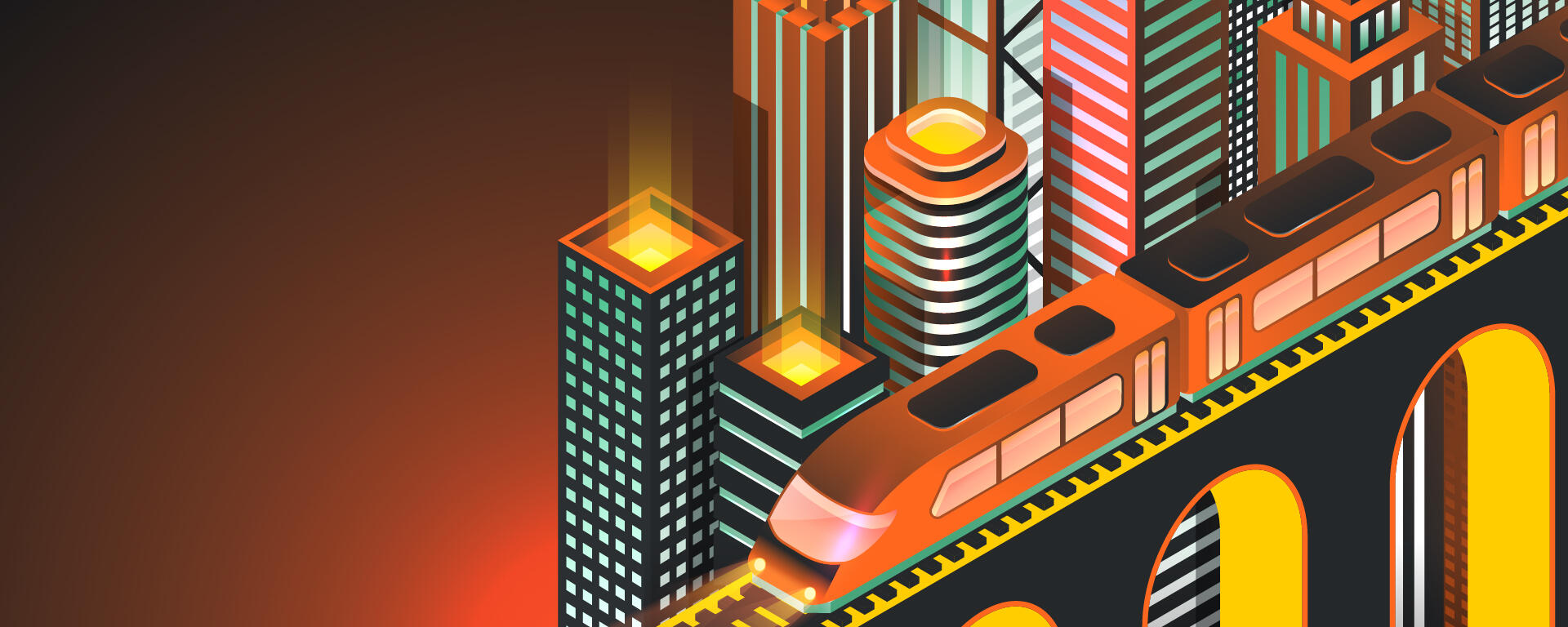 Future of Real Estate Breakfast Banner. Futuristic looking illustrated buildings and a train going alongside them.
