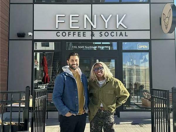 Fenyk Coffee & Social founder Pardeep Sooch, left, and Propel student Temmy Adebisi.