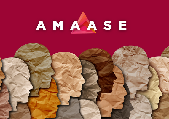 Graphic for Ask Me Anything About Social Enterprise. Has the Trico logo with the word mark AMAASE overlayed on it. Also has coloured cardboard like human heads looking to the right.